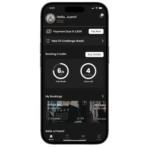 Phone screen displaying a fitness app with payment details and workout options.